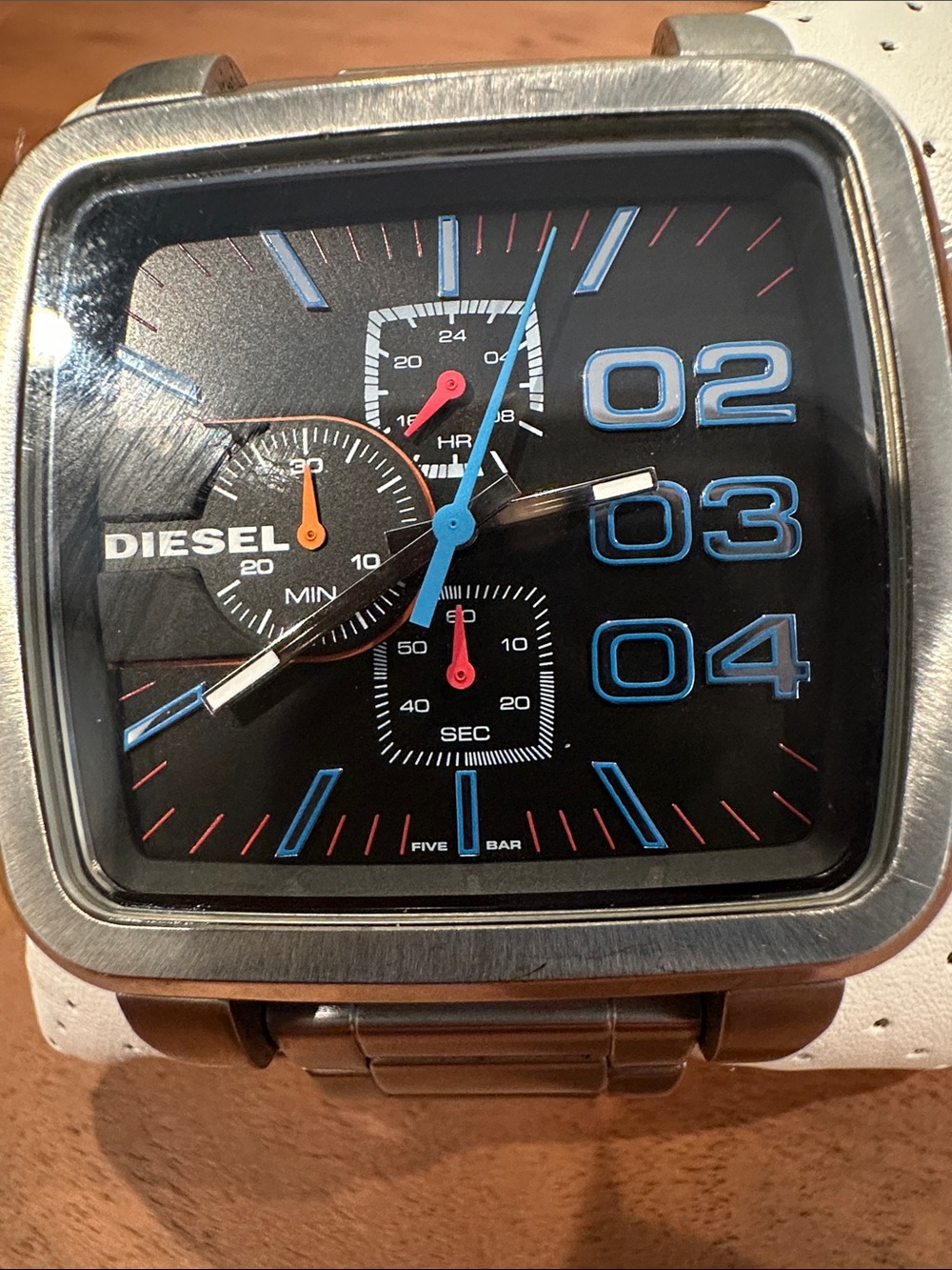 Diesel Black Dial Chronograph Watch with Blue and Red Accents New battery every